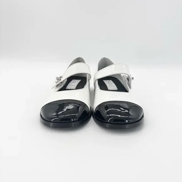 Chanel CC Logo Turnlock Calfskin Patent Leather Cap Toe Maryjane Flats Shoes 37 - Picture 4 of 13